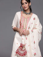 Off White & Pink Cotton Floral Thread Work Kurta with Palazzos & Dupatta