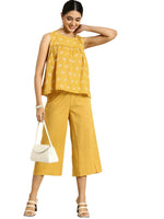 Women Yellow Ethnic Motifs Printed Pleated Pure Cotton Top with Palazzos