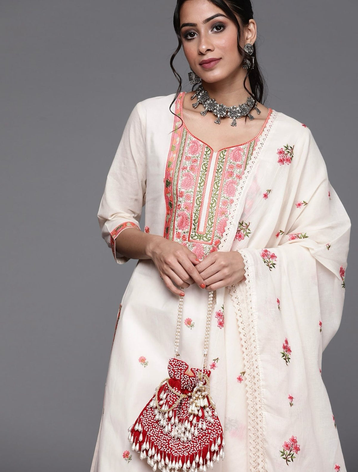 Off White & Pink Cotton Floral Thread Work Kurta with Palazzos & Dupatta