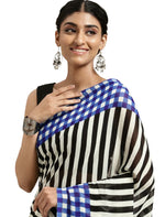 Blue & Black Striped Poly Georgette Casual Saree