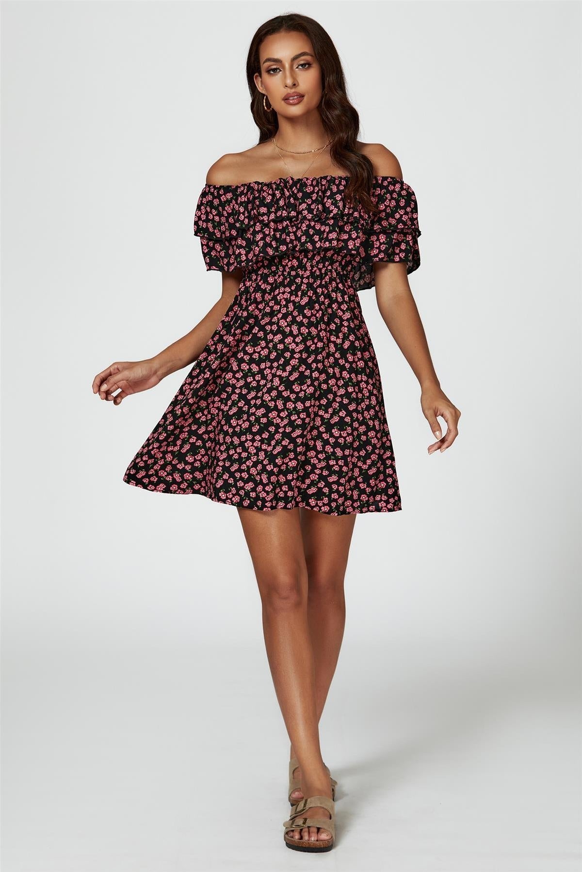 Floral Print Bardot Frill Mini Dress In Black