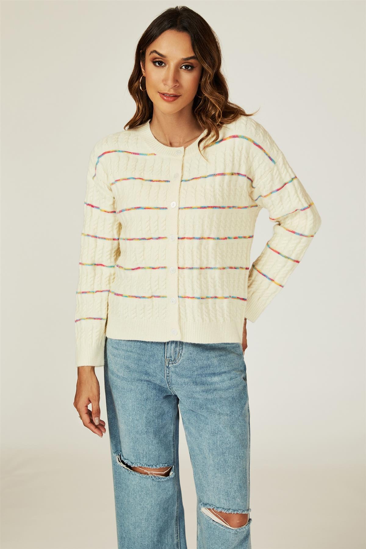Rainbow Stripe Knitted Cardigan In White