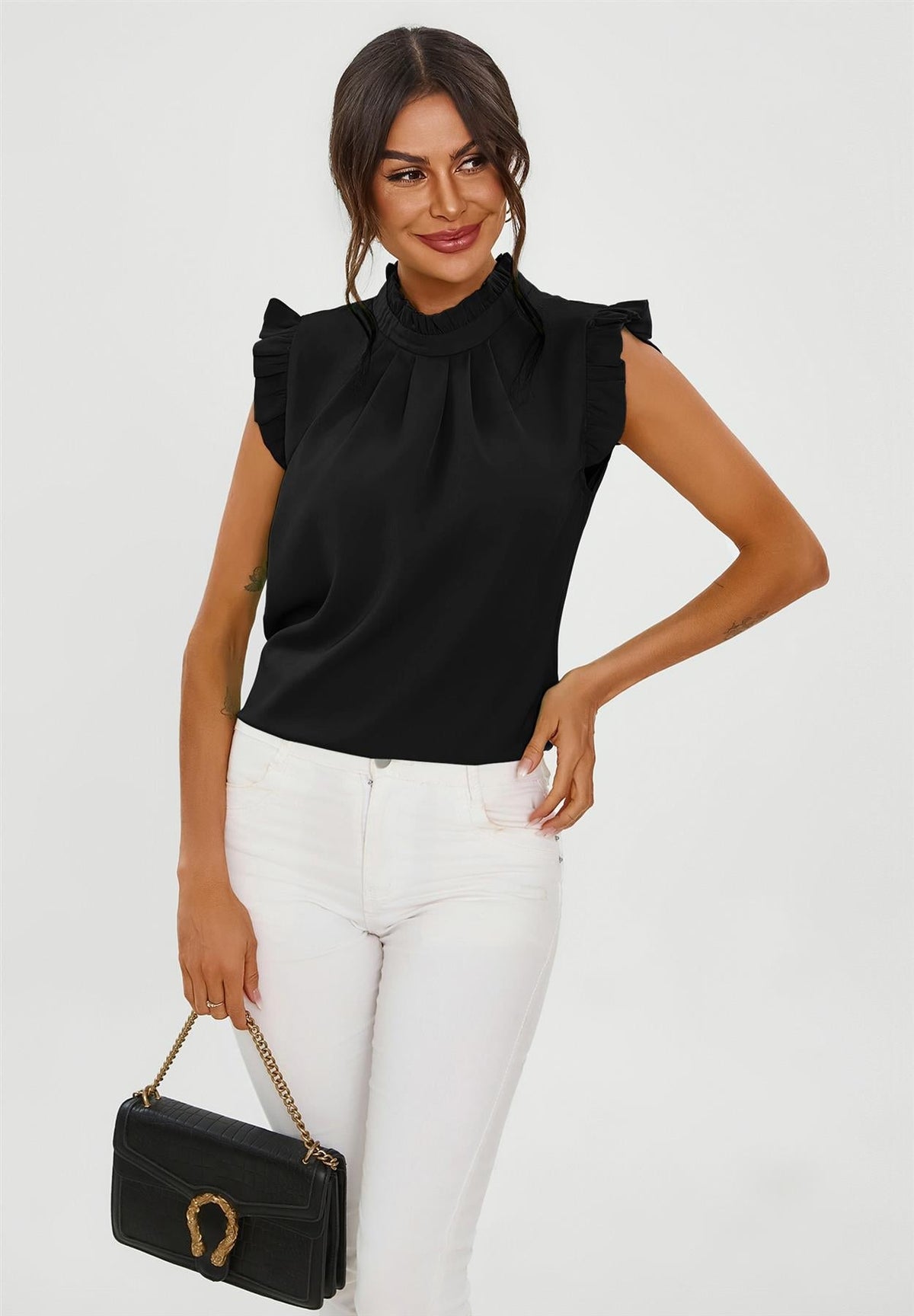 Frill Trim Sleeve High Neck Blouse Top In Black