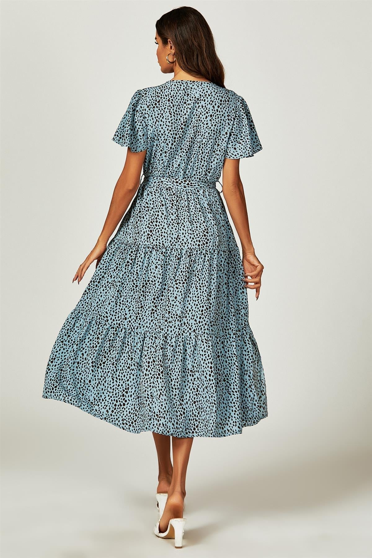 Leopard Print Hem Tiered Wrap Midi Dress In Blue