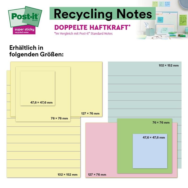 Post-it® Super Sticky 100 % Recycling Notes, Verschiedene Farben, Liniert, 102 mm x 152 mm, 45 Blatt/Block, 4 Blöcke/Packung, 100% PEFC, SGSCH-PEFC-COC-110078 | Packung (1 Stück)