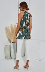 Leaf Print Halter Neck Tie Back Top In Green