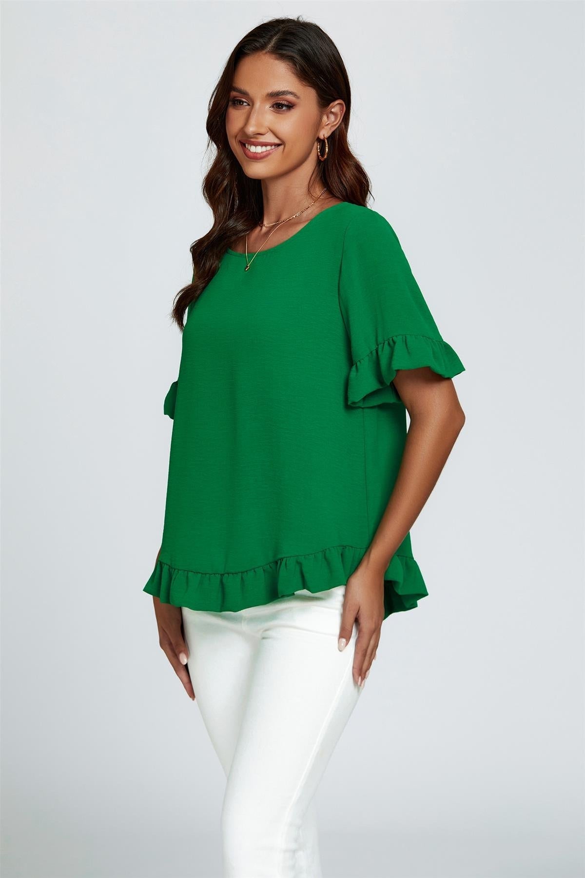 Frill Detail Short Sleeves Top In Green