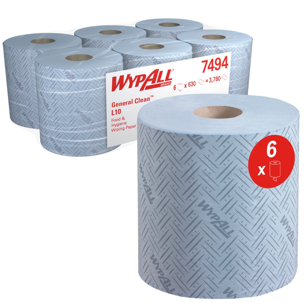 WypAll® L10 Papierwischtuch für Lebensmittel & Hygiene - Centrefeed for Reach+™ / Blau - 6 Rolls  x 630 Sheets | Karton (6 Rollen)