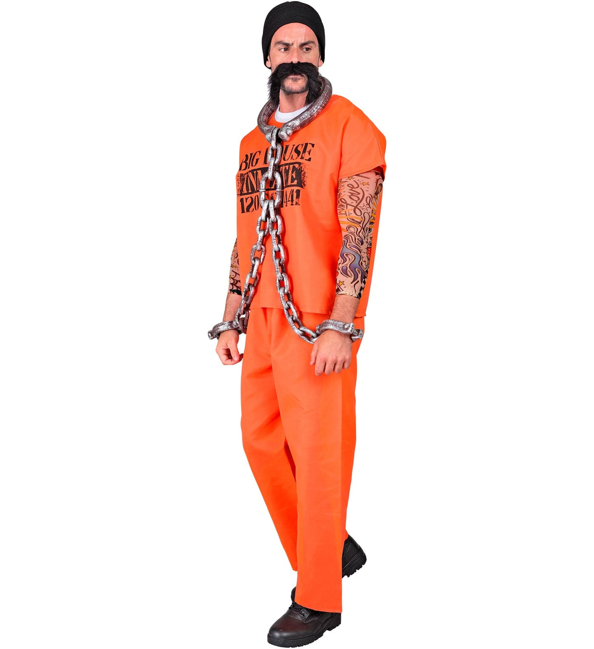 Sträfling Kostüm für Herren | Kostüm mit Bart- Orange