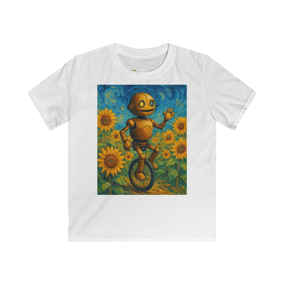 Kinder-T-Shirt – Sonnige Sonnenblumen-Roboter auf Einrad