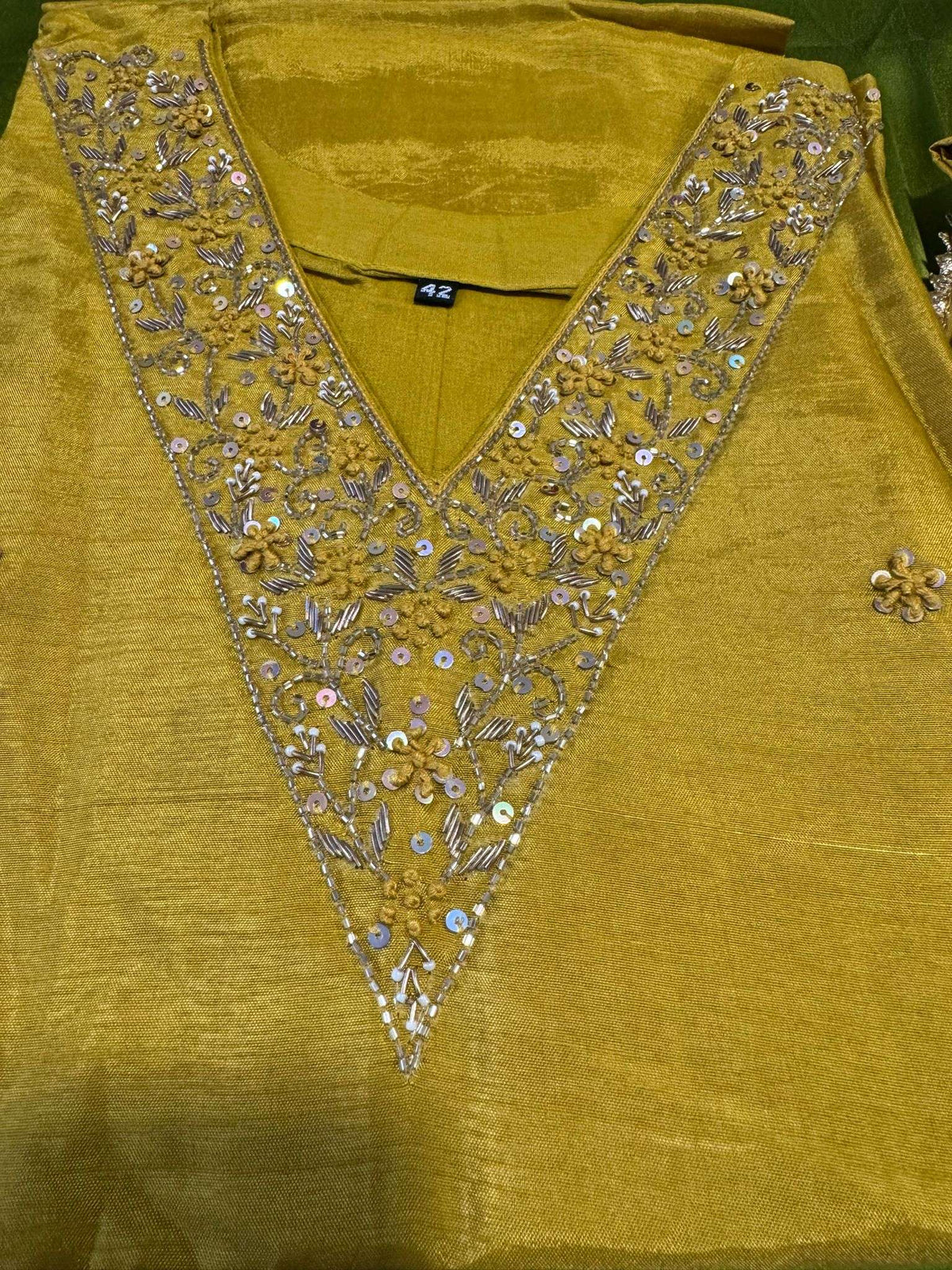 Mustard yellow Dola silk Handwork kurti dupatta bottom set