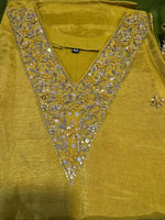 Mustard yellow Dola silk Handwork kurti dupatta bottom set