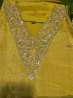 Mustard yellow Dola silk Handwork kurti dupatta bottom set