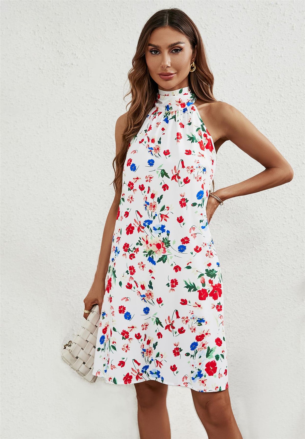 Floral Print Halter Neck Tie Back Mini Dress In White