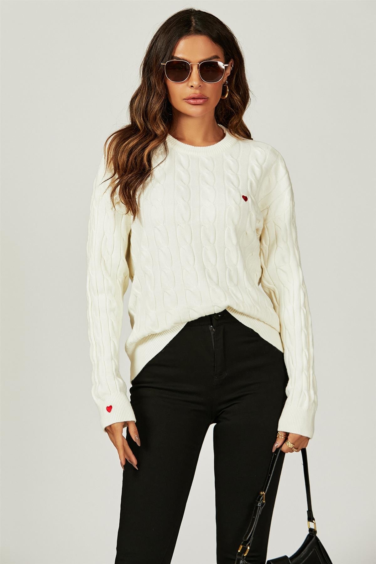 Heart Embroidery Jumper Top In Cream