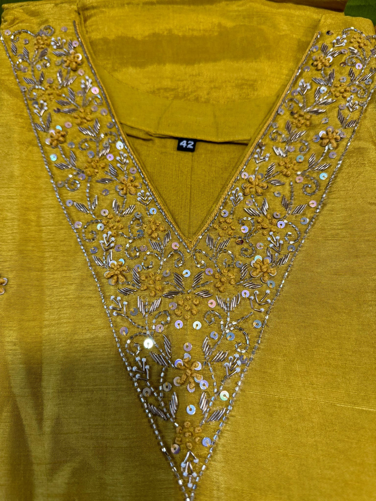 Mustard yellow Dola silk Handwork kurti dupatta bottom set
