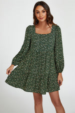 Little Floral Print Square Neck Mini Dress In Olive Green