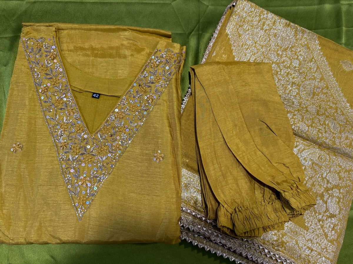 Mustard yellow Dola silk Handwork kurti dupatta bottom set