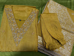 Mustard yellow Dola silk Handwork kurti dupatta bottom set