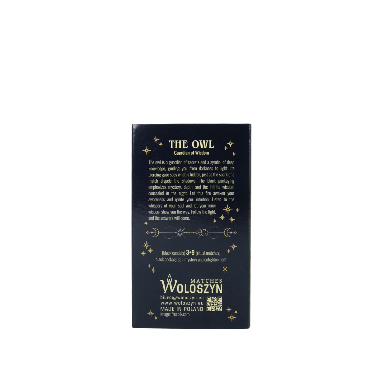 Ritual-Set „Die Eule – Hüterin der Geheimnisse“ – Schwarze Kerzen & lange Streichhölzer