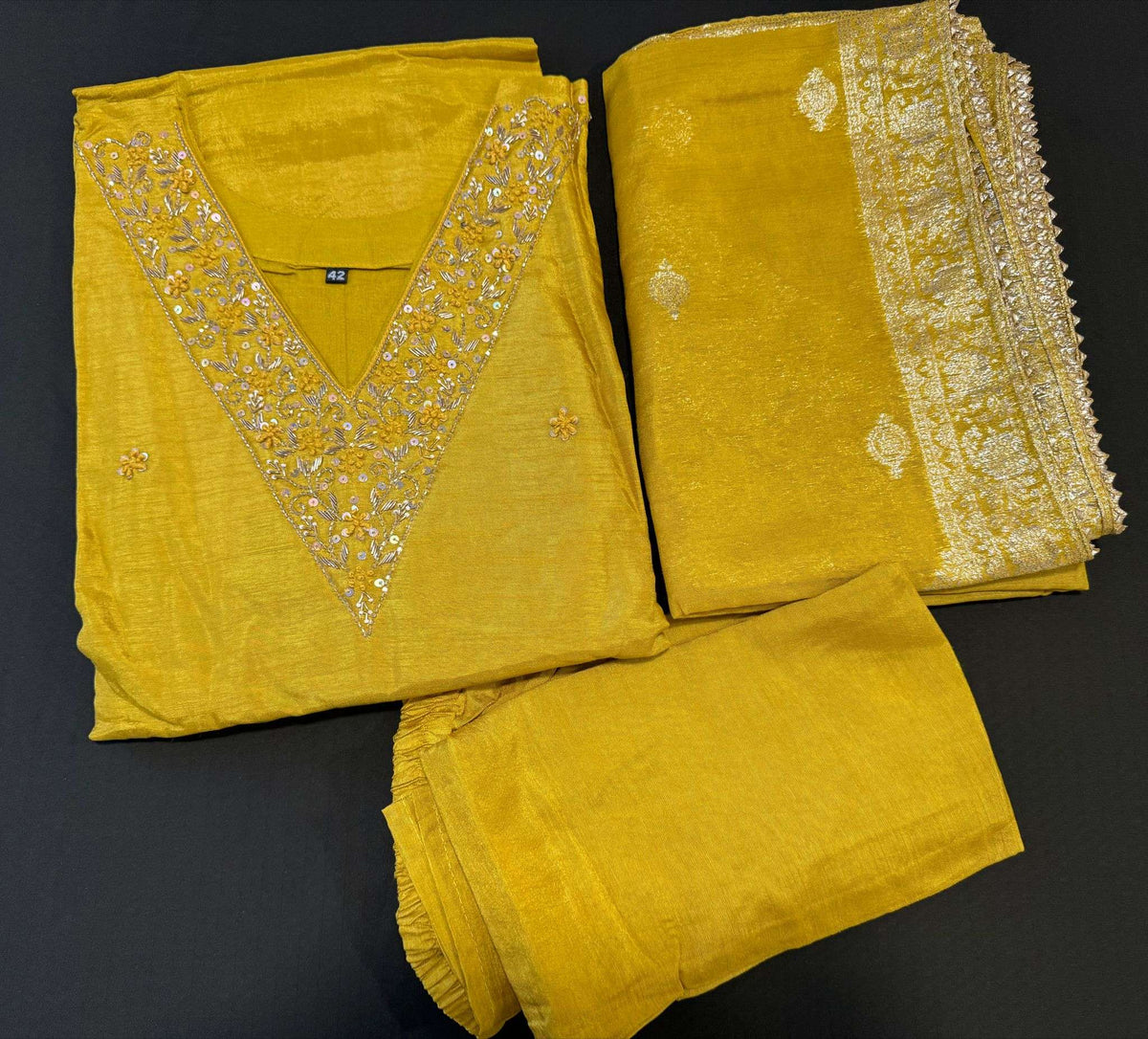 Mustard yellow Dola silk Handwork kurti dupatta bottom set