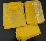 Mustard yellow Dola silk Handwork kurti dupatta bottom set