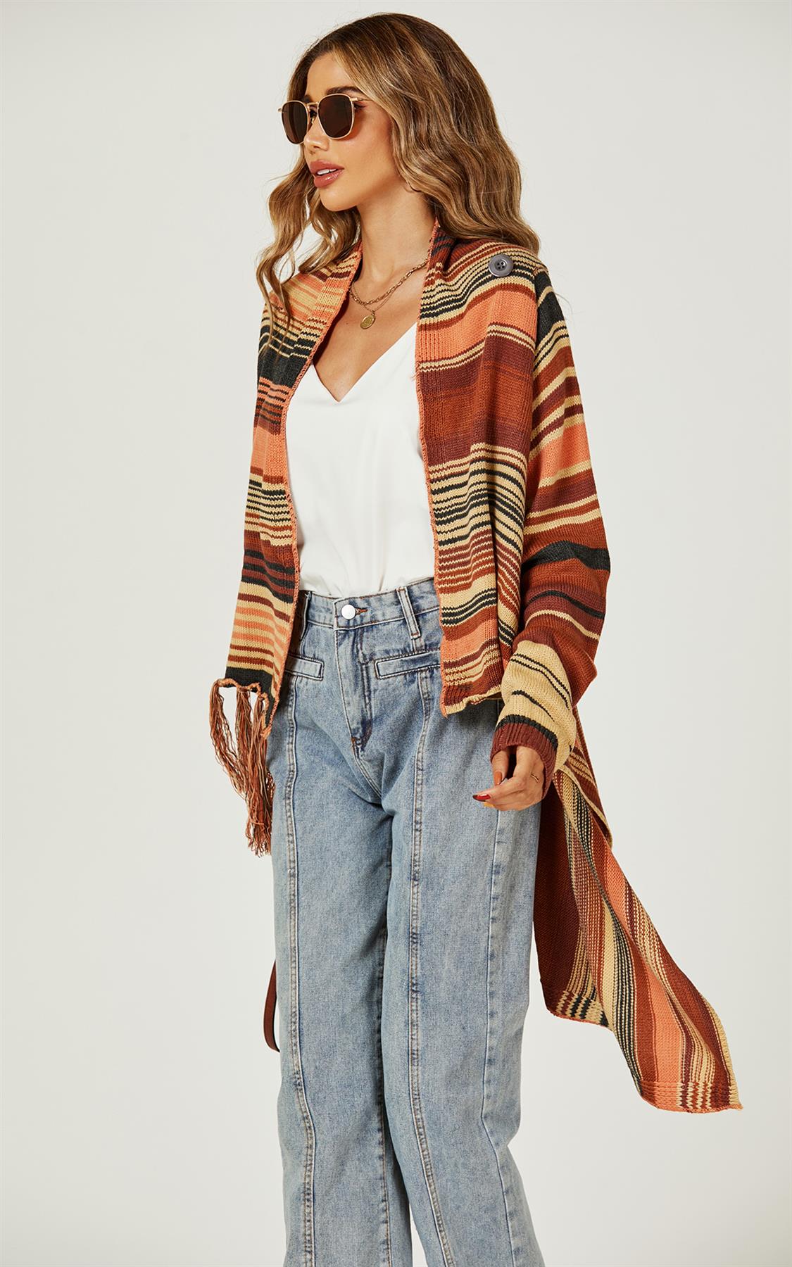 Fringes Detail Cardigan In Rusty Red & Orange & Black