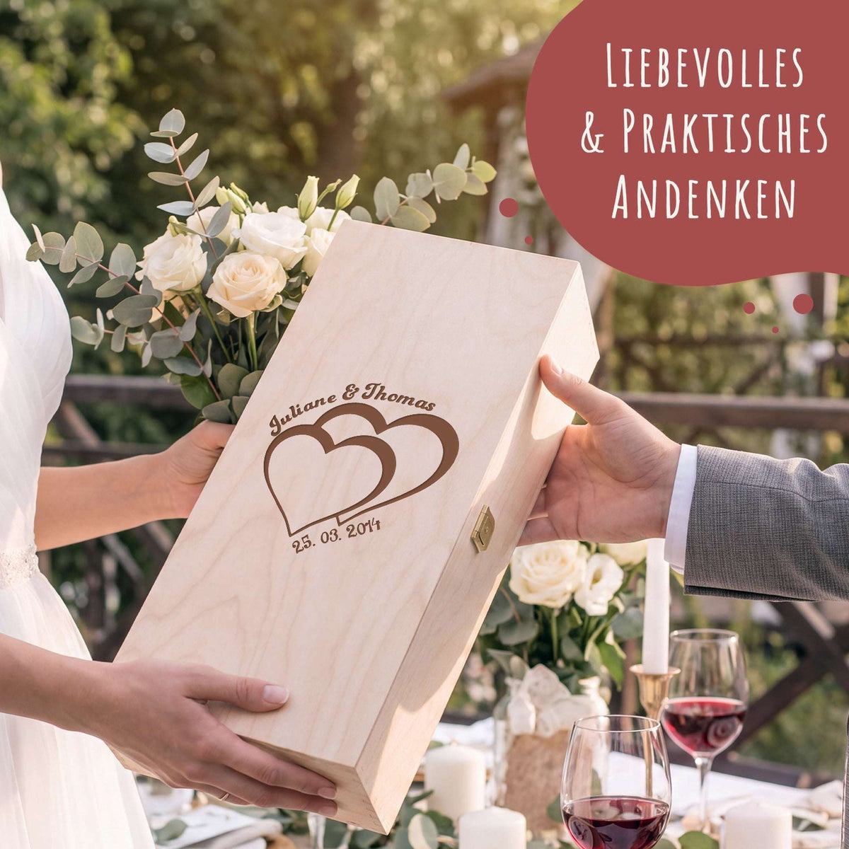 Stölzle Lausitz Weingläser "Für die Hochzeit" mit Gravur im Set inkl. bedruckter Holzkiste