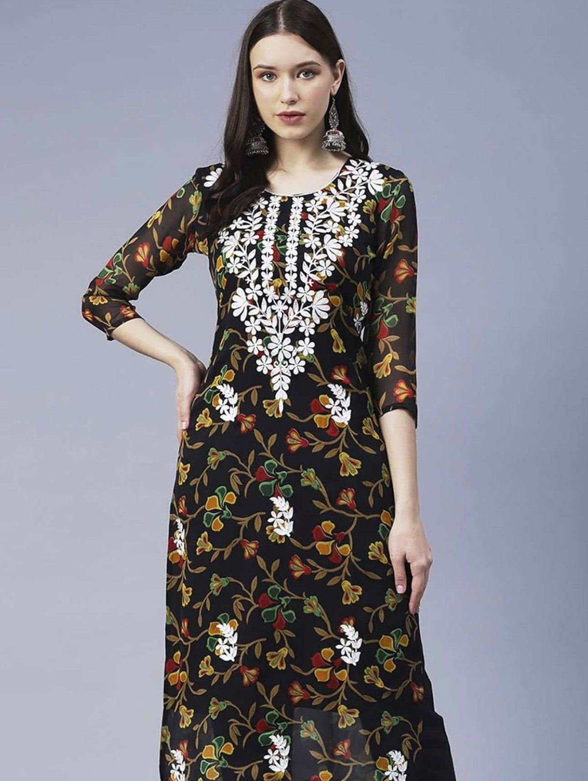 Floral Printed Georgette Chikankari Embroidery Kurti