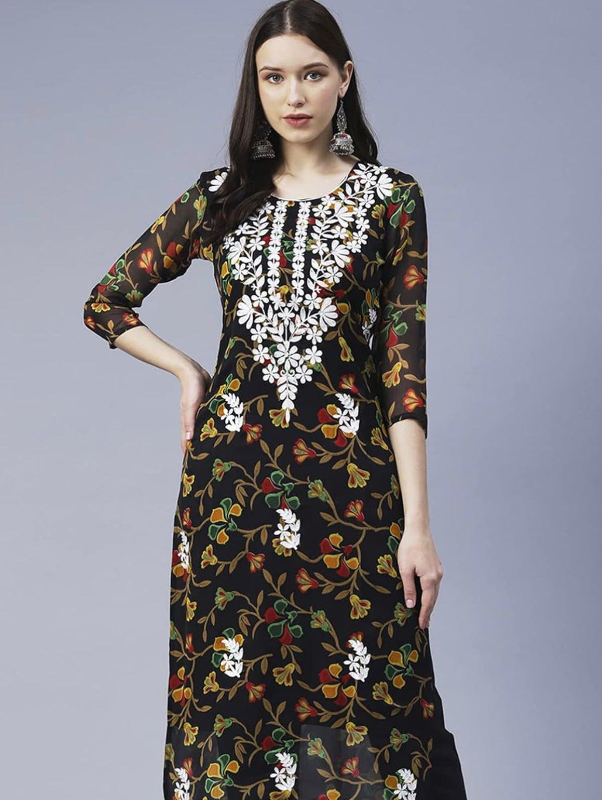 Floral Printed Georgette Chikankari Embroidery Kurti
