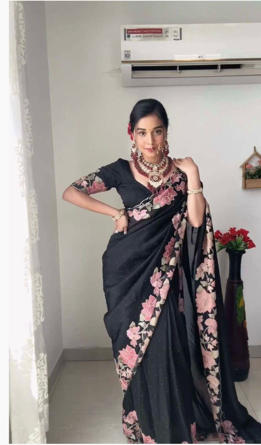 Ready To Wear Saree(Designer Faux Georgette Thread N Pearl Work Saree)