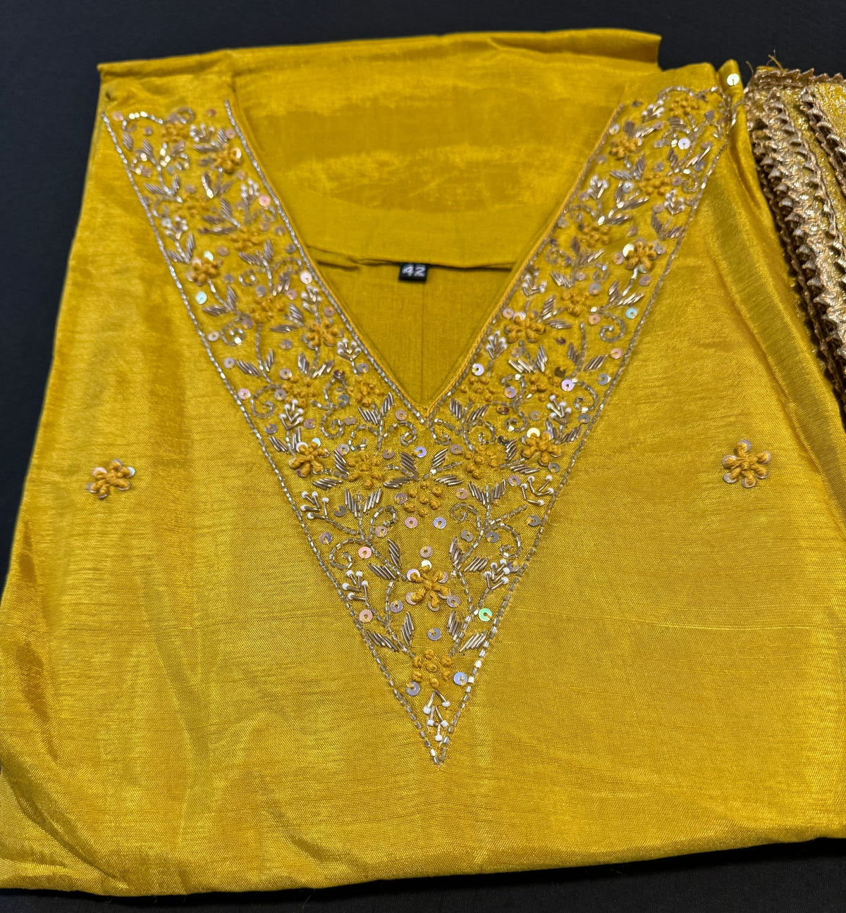 Mustard yellow Dola silk Handwork kurti dupatta bottom set