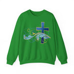ESTID Unisex Crewneck Pullover | Blaues Kreuz & Wellen-Ornament