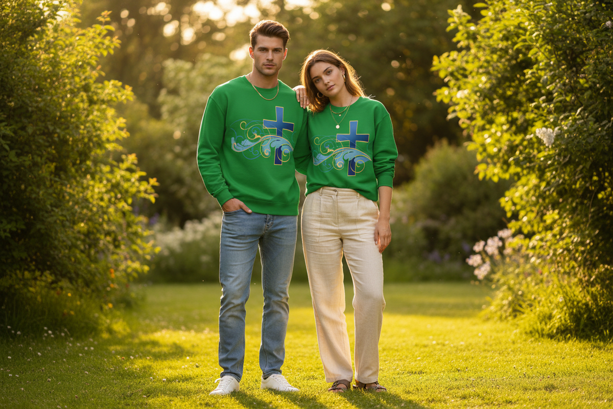 ESTID Unisex Crewneck Pullover | Blaues Kreuz & Wellen-Ornament