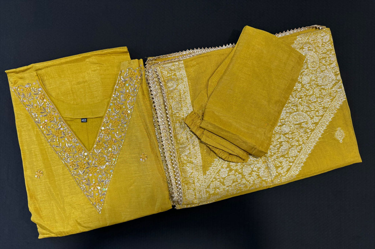 Mustard yellow Dola silk Handwork kurti dupatta bottom set