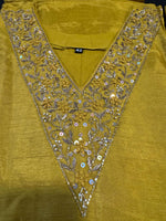 Mustard yellow Dola silk Handwork kurti dupatta bottom set