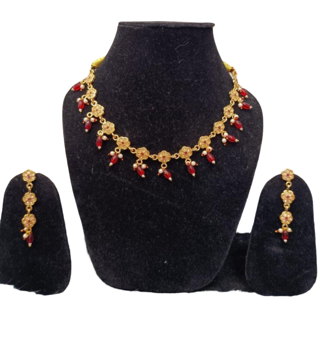 Red Gold-Plated Stone-Studded Necklace & Earrings Set
