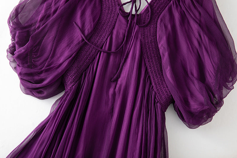 Damen Seidenkleid mit Puffärmeln | Luftsüßes Boho Maxikleid