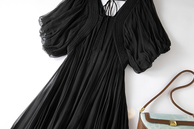 Damen Seidenkleid mit Puffärmeln | Luftsüßes Boho Maxikleid