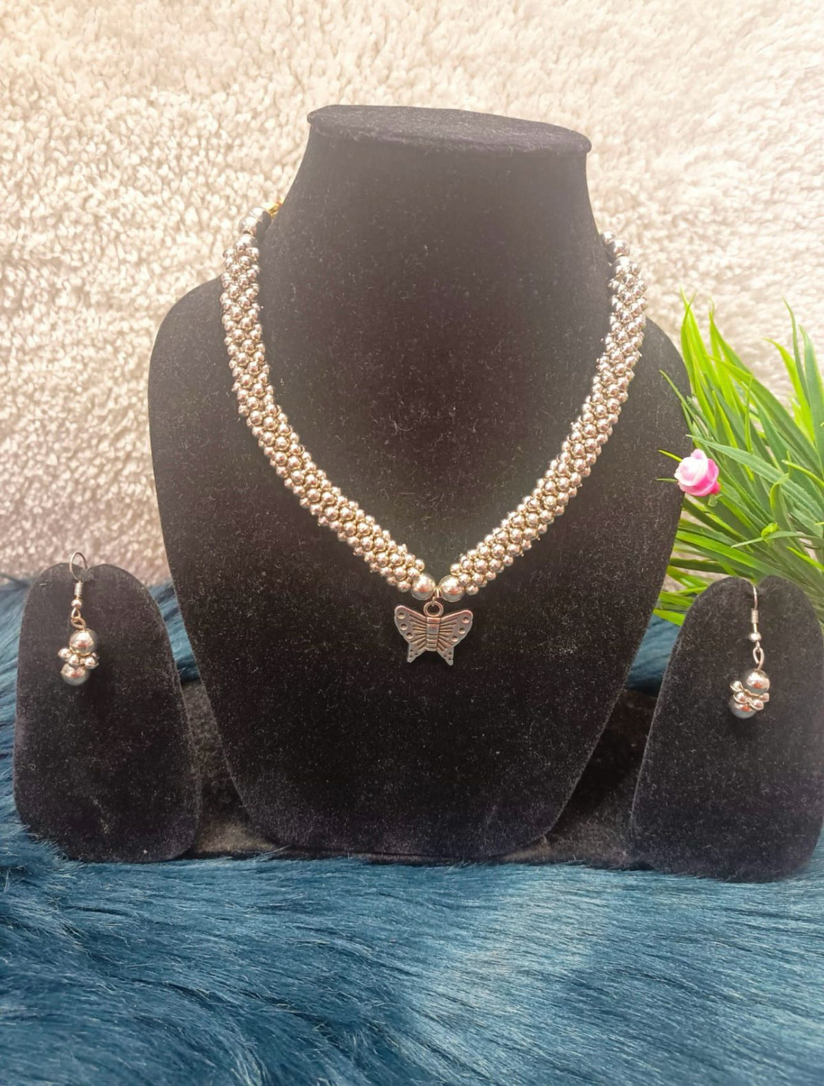 Silver-Plated Stone-Beaded Oxidized Necklace & Earrings Set