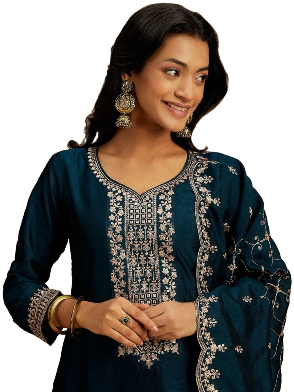Yoke Design Sequinned Straight Kurta with Trousers & With Dupatta