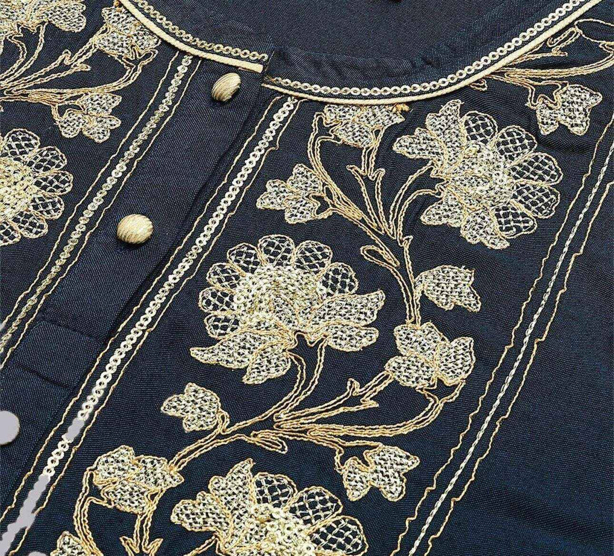 Women Blue & Gold-Toned Yoke Design Thread Work Kurta