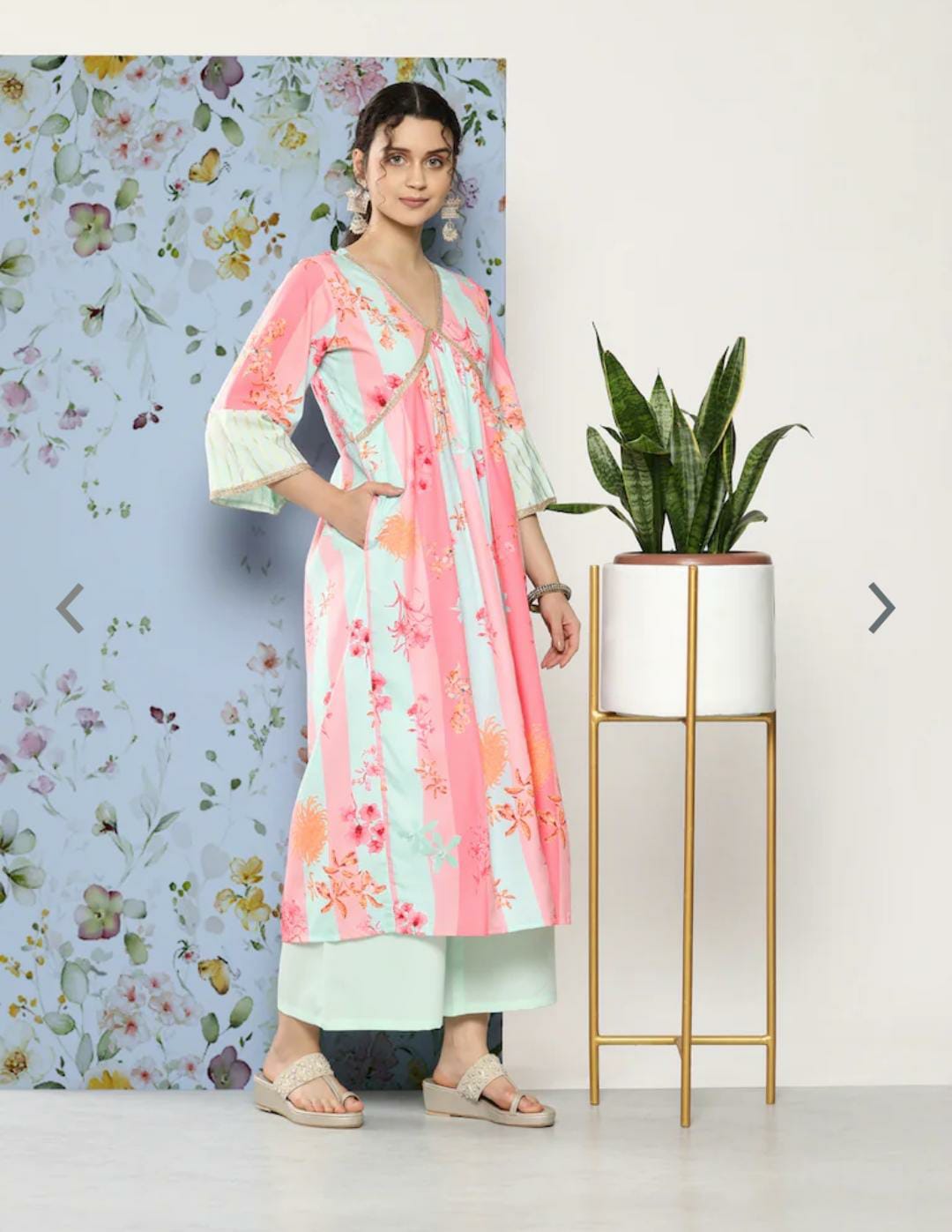 Women Floral Printed Pleated Gotta Patti Kurta With Palazzos