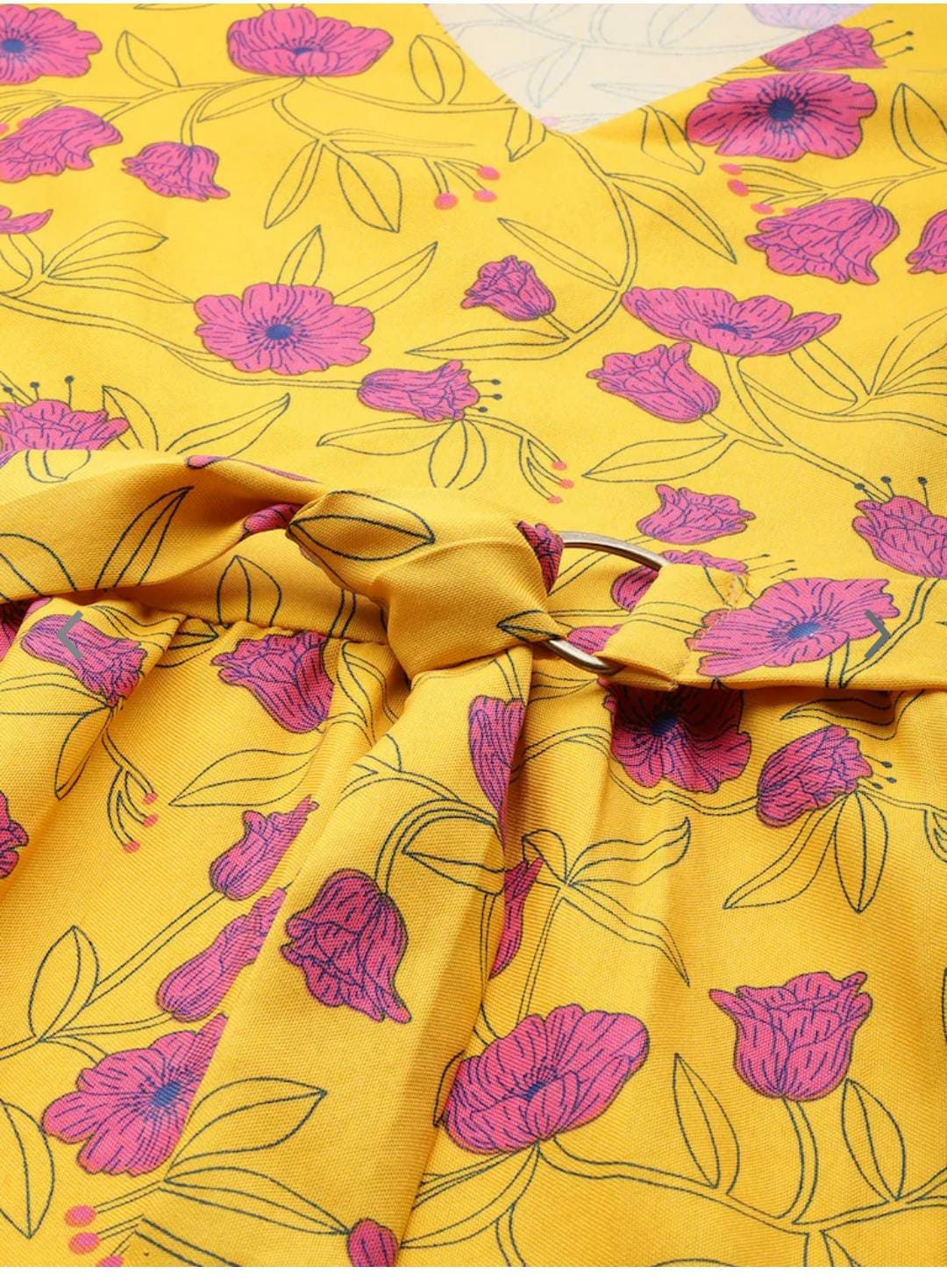 Women Mustard Yellow & Pink Floral Printed A-Line Dress