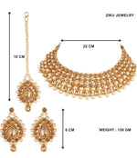 Jewelry Pearl Embedded Multi Layered Kundan Work Necklace Set with Maang Tiks for Women and Girls