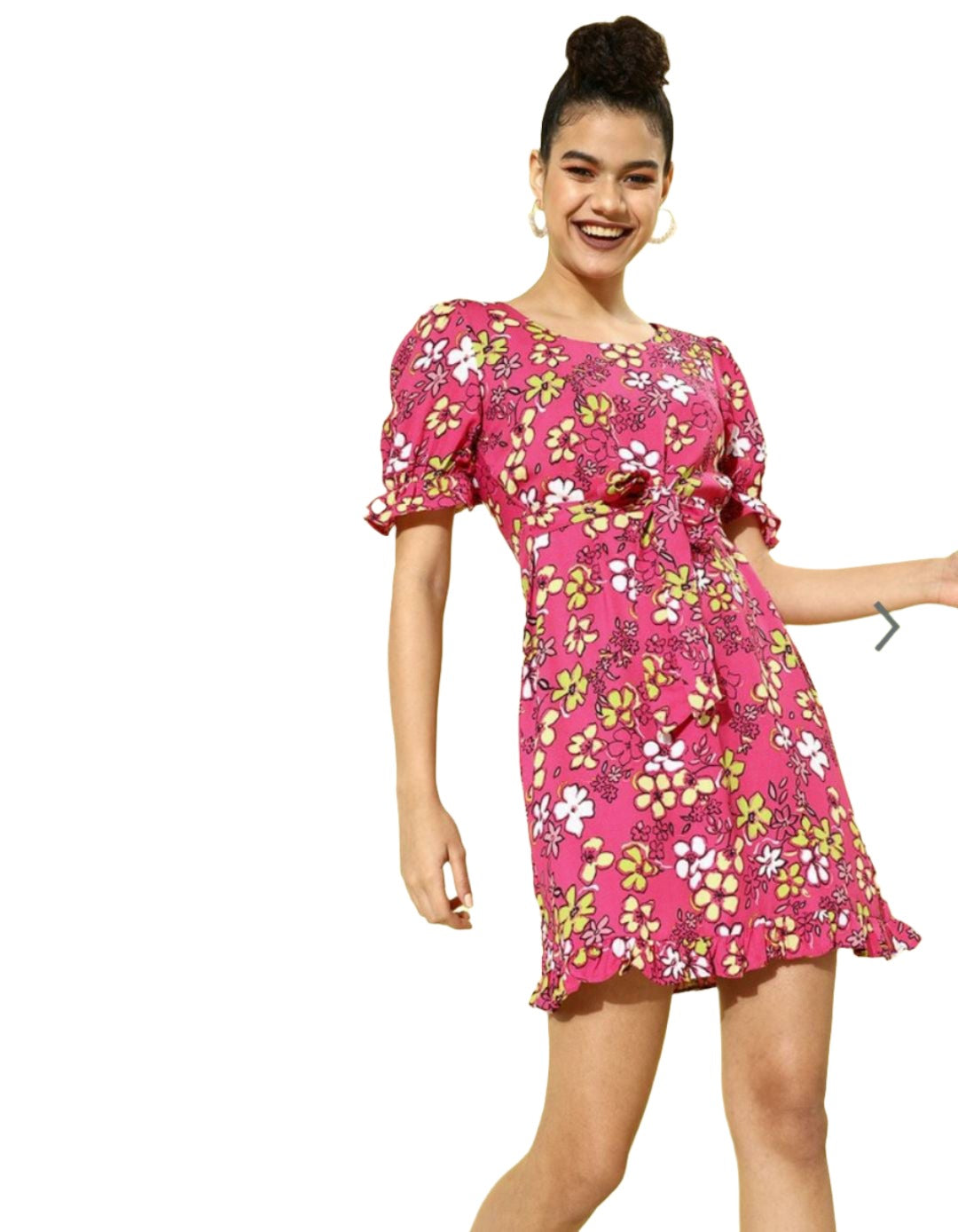 Women Pretty Pink Floral Cinched Waist Dress