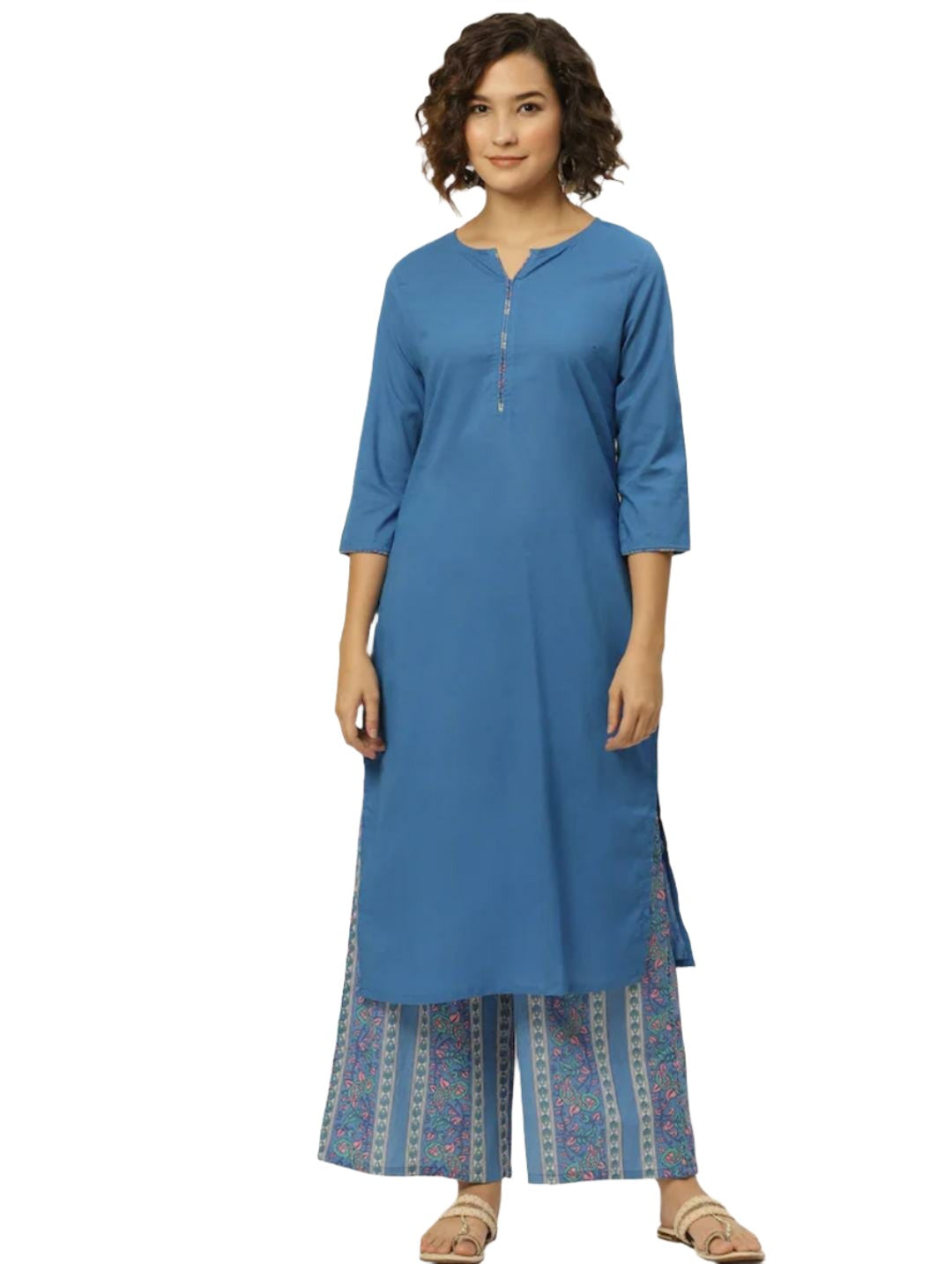 Women Blue & Cream-Coloured Straight Pure Cotton Kurta with Palazzos