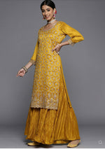Mustard Embroidered Silk Blend Straight Suit Set(3 Pcs Set)