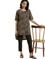 Women Black & Mustard Brown Pure Cotton Floral Print High-Low Kurta with Trousers