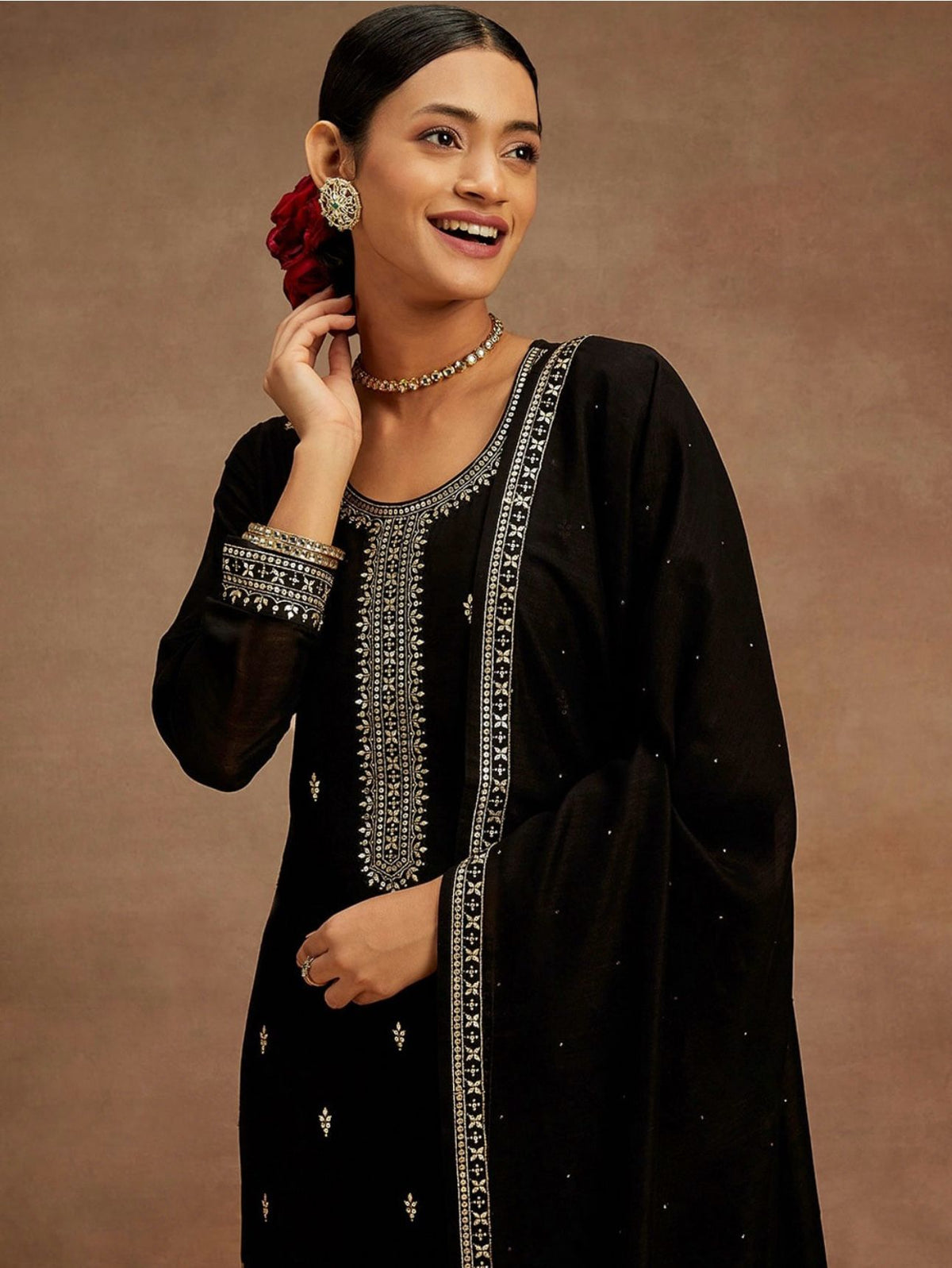Kurta With Palazzos & Dupatta with Floral Embroidery